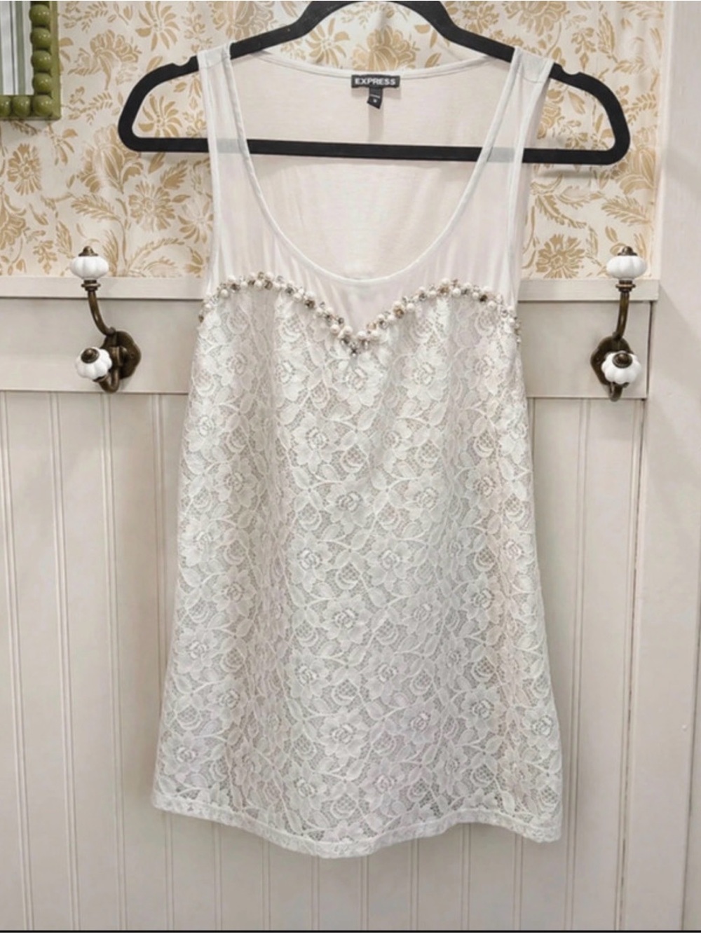 Express White Lace Chemise with Beaded Sweetheart Neckline